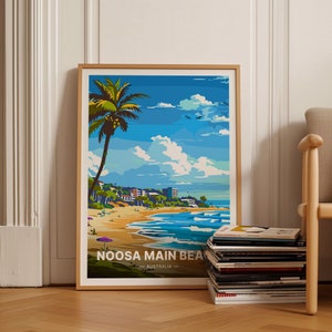 Cartel de la playa principal de Noosa, arte de la pared de viajes de Australia, decoración del hogar costero, idea de regalo para los amantes de la playa, obras de arte con vista panorámica al mar, C20-901