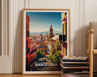 以下が含まれることがあります： スペインのバルセロナのカラフルなイラスト入りポスター。ポスターには、建物と教会が背景にある通りの景色が描かれています。ポスターの下部には「バルセロナ - スペイン」というテキストがあります。