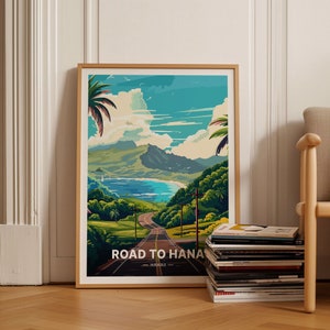Póster de viaje de la ruta de Hawái a Hana, arte mural panorámico, decoración tropical para el hogar, regalo para los entusiastas de la pasión por los viajes, siglo XX-1099