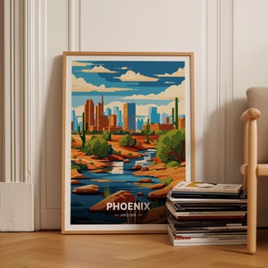 Cartel de viaje de Phoenix, Arte de la pared de Arizona, Decoración del hogar, Regalo para entusiastas de los viajes, Obras de arte del paisaje del desierto, C20-435