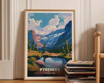 Poster de voyage du parc national des Pyrénées, art du paysage France et Espagne, décoration du Mont Perdu, idée cadeau Wanderlust, C20-696