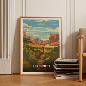 Serengeti Safari Adventure Poster - Tanzania Wildlife & Africa Travel Art, Giraffe Zebra Lion Illustration, C20-1432
