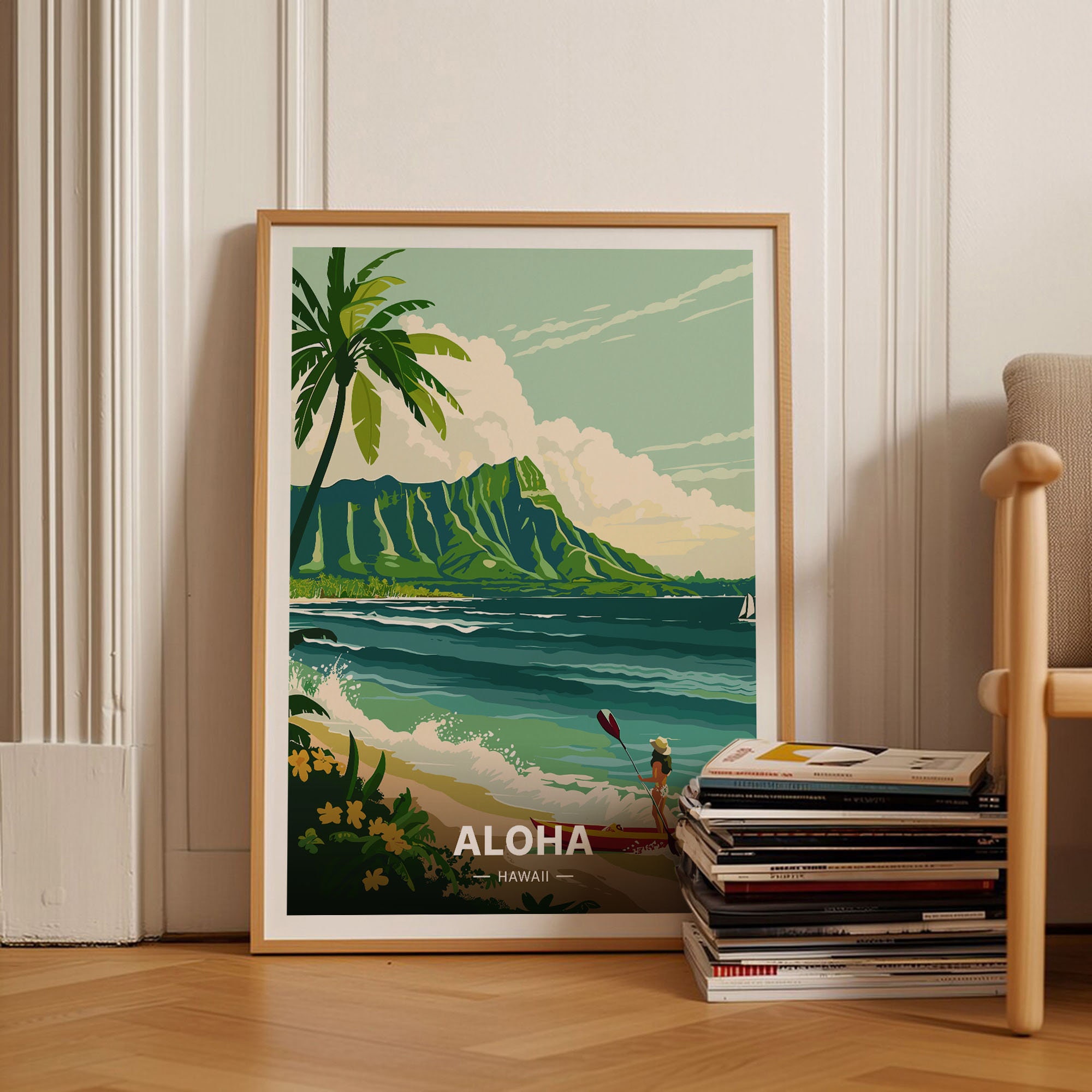 Hawaii Travel Poster, Honolulu & Waikiki Surf Art, USA Wall Decor
