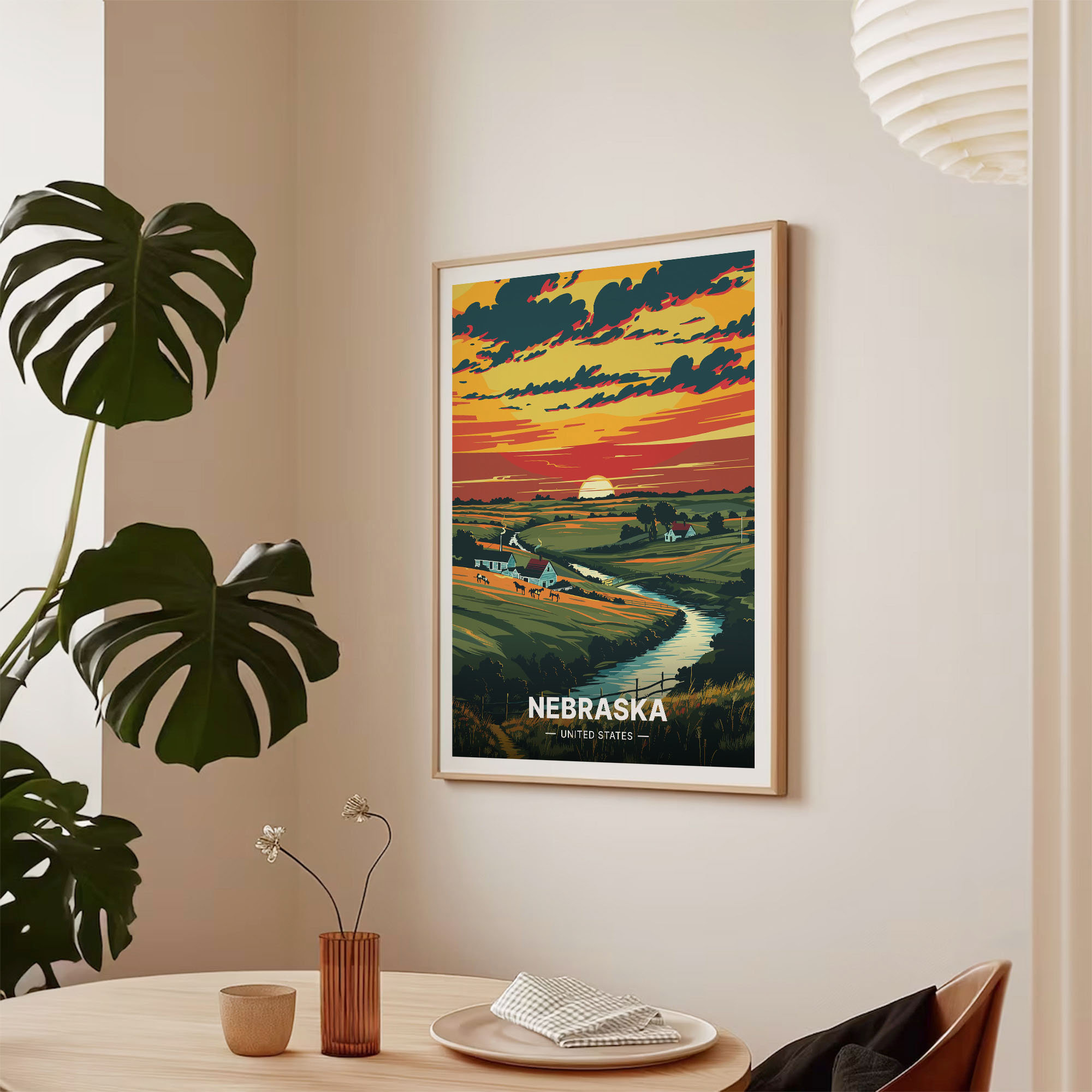 Nebraska Sunset Travel Poster, Vintage Retro Landscape Art, C20
