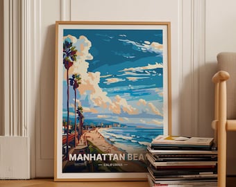 May include: A framed print of a colorful illustration of a beach scene with palm trees, a blue sky with clouds, and the text "Manhattan Beach - California".