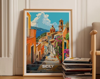 Sicily Italy Travel Poster, Mediterranean Coastal Art, C20-446