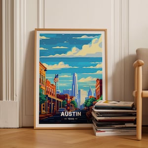 Austin Cityscape Travel Poster, Texas Inspired Wall Art, Home Decor, Gift for Art Enthusiasts, Travel Themed Room Decoration, C20-436