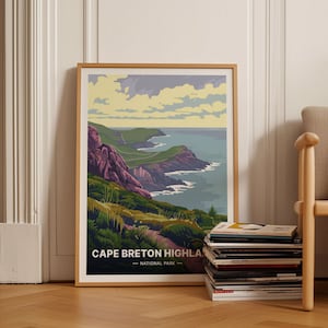 Affiche des hautes terres du Cap-Breton, Nouvelle-Écosse, Cabot Trail, Skyline Trail, White Hill, Art mural de voyage rétro au Canada, C20-1840