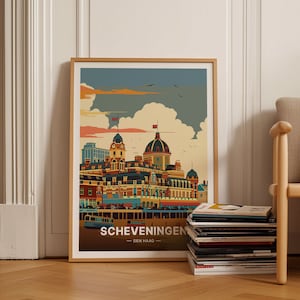 May include: A vintage-style poster featuring a colourful illustration of the Scheveningen skyline in the Netherlands. The poster depicts a large building with a dome and a clock tower, and the text "SCHEVENINGEN - DEN HAAG -" at the bottom.