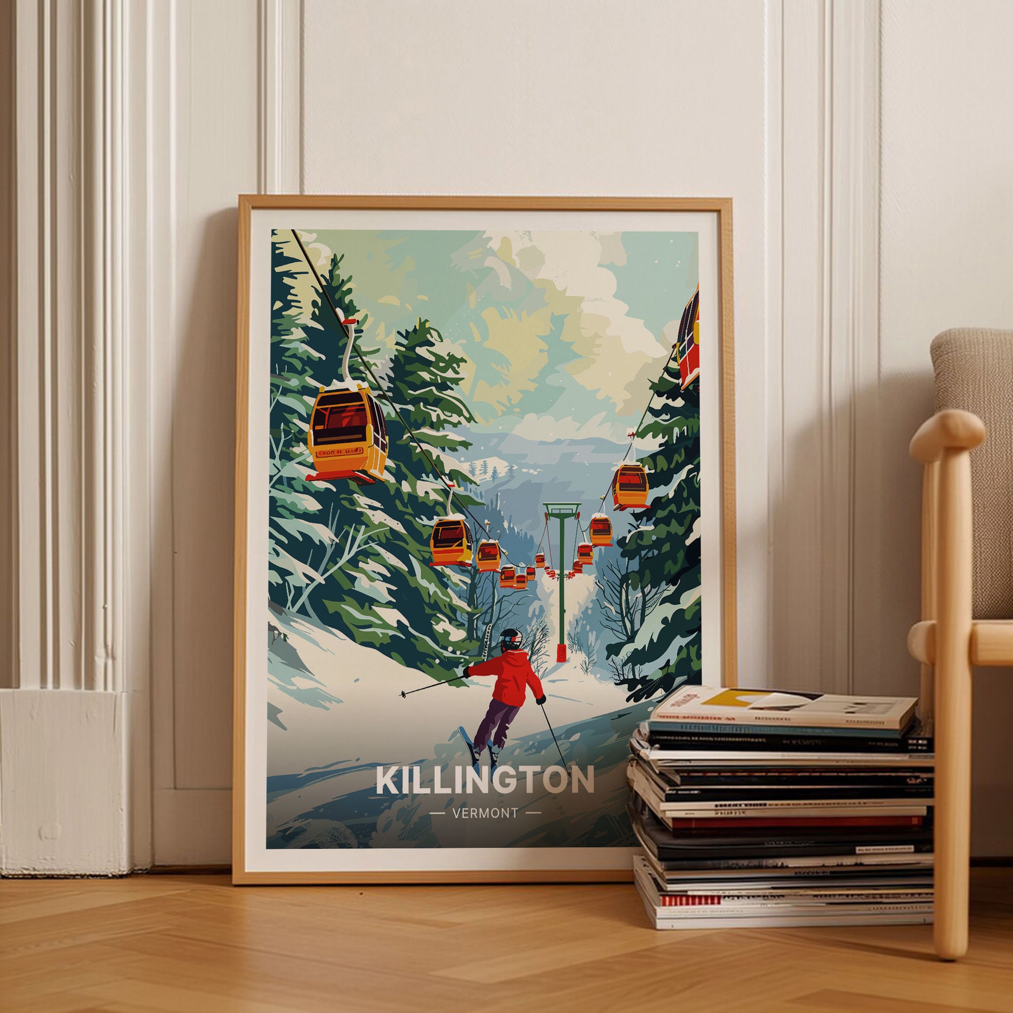 Killington Ski Resort Travel Poster, Vermont USA, Retro Ski
