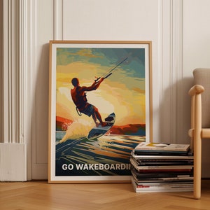 Cartel de viaje de wakeboard y kitesurf, arte retro de aventuras en el océano, decoración de la pared de deportes acuáticos del lago, idea única de regalo de aventura, C20-1920