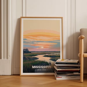 Póster de viaje retro de Mississippi, arte mural del estado de EE. UU., decoración del hogar, estilo vintage, decoración de oficina, C20-930