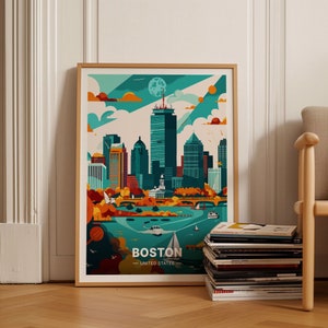 Boston Cityscape Art Poster, Travel Decor, United States Landmark, Massachusetts Wall Art, Unique Wedding or Birthday Gift Idea, C20-437