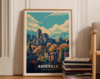 May include: A vintage-style poster with a colourful illustration of the Asheville skyline, featuring buildings and trees. The poster has the text "Asheville - North Carolina" at the bottom.