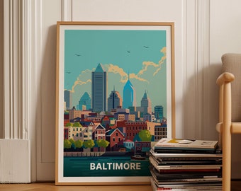 May include: A framed print of a colorful illustration of the Baltimore skyline. The print features a cityscape with tall buildings, including the iconic Baltimore World Trade Center, and a body of water in the foreground. The text "BALTIMORE" is printed at the bottom of the print.