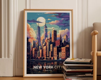 New York City Skyline Poster, Urban Travel Wall Art, Modern Home Decor, Cityscape Night View, Office Decoration Idea, C20-121