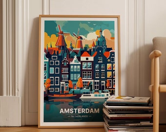 Amsterdam Travel Poster, Netherlands Landscape Art, Holland Cityscape, Home Decor, Office Wall Art, Gift for Travelers, C20-261