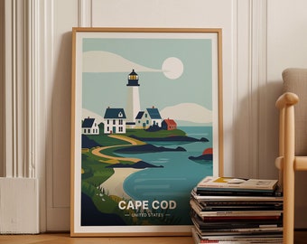 May include: A colorful illustration of a lighthouse and houses on a coastal landscape. The text "CAPE COD - UNITED STATES -" is at the bottom of the image.