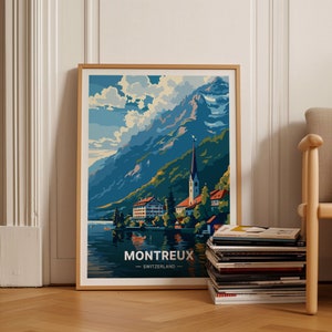 Póster de viaje de Suiza, arte mural de Montreux, decoración de los Alpes suizos, idea de regalo de viaje, decoración del hogar y la oficina, C20-1069