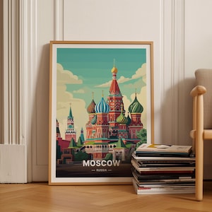 Póster del horizonte de Moscú, Arte de viaje de Rusia, Decoración del hogar del cuadrado rojo, Arte de pared de San Basilio, Regalo de viaje único, Regalo de inauguración de casa, C20-1274