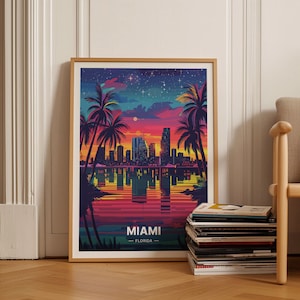 Póster de viaje de Miami, Arte de pared de Florida, Decoración del hogar, Regalo para amantes del arte, Escena de Miami Beach, Decoración inspirada en viajes, C20-453
