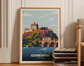 May include: A vintage-style travel poster featuring a colorful illustration of Edinburgh Castle in Scotland. The poster has a blue sky with white clouds and a bridge in the foreground.