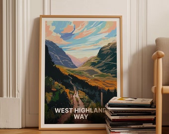 Poster de voyage West Highland Way : Highlands d'Écosse, art de Glencoe, décoration de parc national, art mural de sentier de randonnée, cadeau pour aventuriers, C20-593