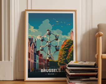 May include: A colorful poster with a retro design featuring a cityscape of Brussels, Belgium. The poster features a large, geometric structure with a blue sky and white clouds in the background. The text "BRUSSELS - BELGIUM -" is at the bottom of the poster.