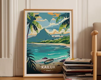 May include: A framed poster with a vintage travel illustration of Kailua, Hawaii. The poster features a blue ocean, a green island, and a small boat. The text "Kailua - Hawaii" is printed at the bottom of the poster.