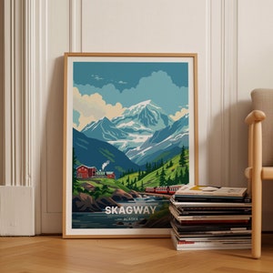 Póster de viaje de Skagway Alaska, Arte de pared de paisaje escénico, Decoración de oficina en casa, Idea de regalo para amantes del arte, C20-975