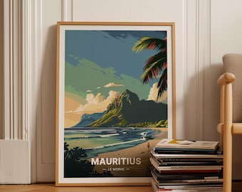 Mauritius Travel Poster, Le Morne Beach, Vintage Style Wall Art, C20-1723