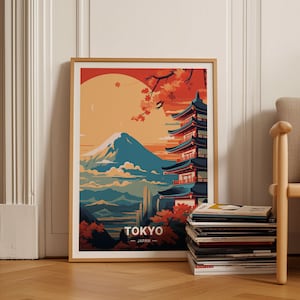 May include: A vintage-style poster with a colorful illustration of Mount Fuji, a pagoda, and cherry blossoms. The poster has the text "TOKYO - JAPAN -" at the bottom.