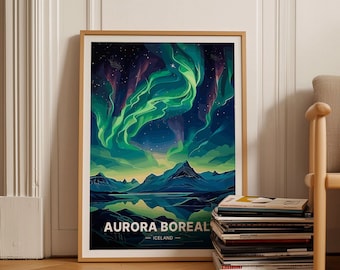 Aurora Borealis Iceland Art Print, Northern Lights Travel Poster, C20-475