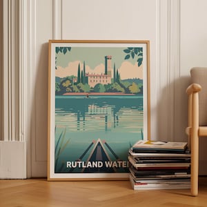 Póster de viaje por el agua de Rutland, arte de la iglesia de Normanton y el castillo de Oakham, decoración de pared inspirada en Leicestershire, impresión del paisaje de Hambleton, C20-982
