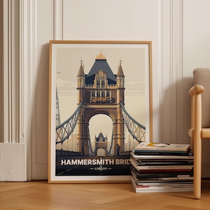 London Skyline Poster, Hammersmith Bridge Art, River Thames Decor, Travel Wall Art, Richmond Putney Barnes Scene, C20-1645