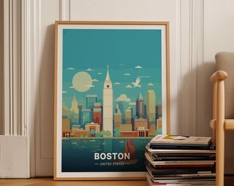 Boston Travel Poster, Fenway Park, Harbor & Celtics Icons, USA Cityscape Wall Art, Gift for Travelers, C20-198