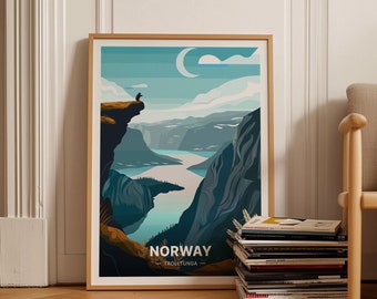 Poster Trolltunga de Norvège, oeuvre d'art murale de voyage, décoration d'aventure, paysage pittoresque, cadeau pour les voyageurs, C20-657