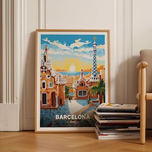 Barcelona Park Guell Travel Poster, Spain Wall Art, Mid-Century Modern Decor, Spanish Travel Theme, Eclectic Home Decoration, C20-219