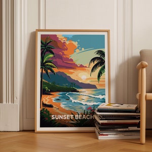 Cartel de viaje de Hawaii Sunset Beach, arte escénico de la pared del paisaje oceánico, decoración tropical del hogar, regalo para amantes del arte, C20-1053