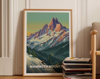 Puede incluir: Un póster de estilo vintage con una ilustración colorida de Mammoth Mountain en California. El póster presenta un pico de montaña nevado con una pista de esquí y un esquiador en primer plano. El texto "Mammoth Mountain - California" está en la parte inferior del póster.