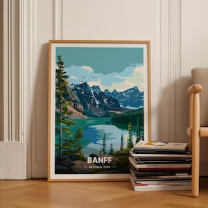 Póster de viaje al Parque Nacional Banff, arte mural de las Montañas Rocosas canadienses, decoración de aventuras en Alberta, Canadá, regalo para amantes de la naturaleza, C20-1064