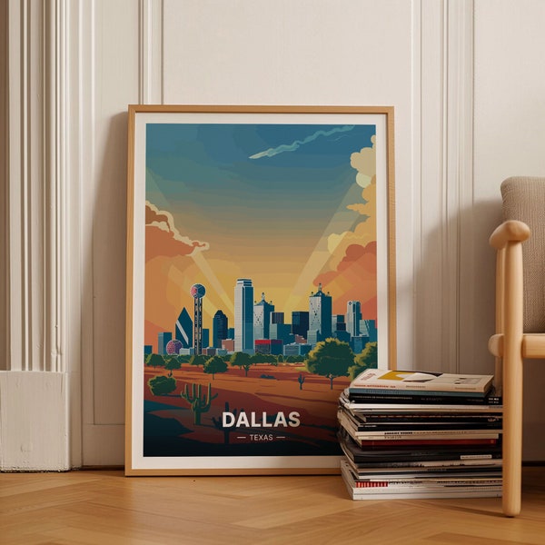 Dallas Skyline Travel Poster, Texas Landscape Wall Art, USA City Decor, Unique Travel Gift Idea, Home & Office Decoration, C20-383