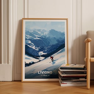 Italian Alps Livigno Ski Resort Travel Poster, Retro Skiing Art, Snowboarding Decor, Vintage Italy Landscape, Gift for Skiers, C20-1757
