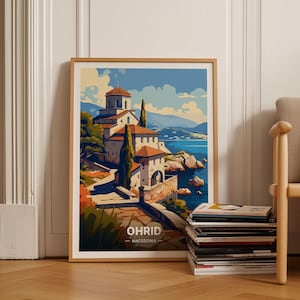 Lake Ohrid Travel Poster, Macedonia Landscape Art, Saint John Church Wall Art, Home and Office Decor, Gift Idea for, C20-1509