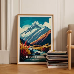 Mount Cook Poster, New Zealand Landscape Travel Art, Home Office Decor, Adventure Wall Art, C20-801