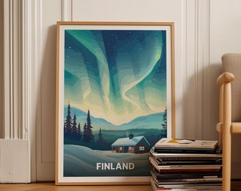Aurora Borealis Finland Travel Poster, Northern Lights Wall Art, Scenic Nature Decor, C20-685