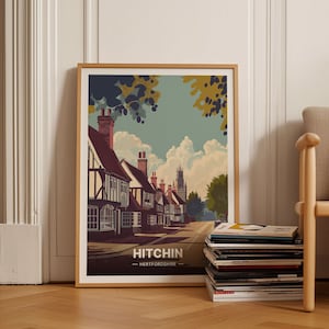 Hitchin Hertfordshire Travel Art, UK High Street & Luton Town Poster, Chilterns Railway-Inspired Retro Wall Decor, C20-1878