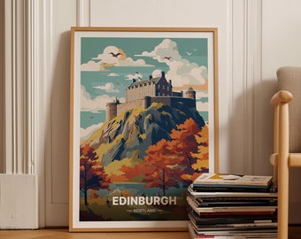 May include: A vintage-style poster featuring a colorful illustration of Edinburgh Castle in Scotland. The castle is perched atop a rocky hill with trees in the foreground. The poster has a blue, green, and brown color scheme and includes the text "EDINBURGH - SCOTLAND -"