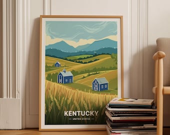 May include: A vintage-style travel poster featuring a landscape of rolling hills with blue barns and a mountain range in the background. The poster is titled "Kentucky - United States".