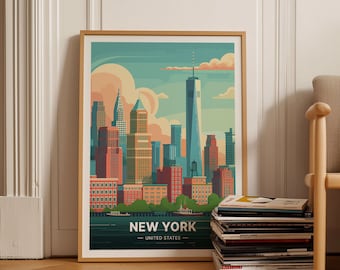 New York City Skyline Travel Poster, Modern Cityscape Wall Art, C20-94